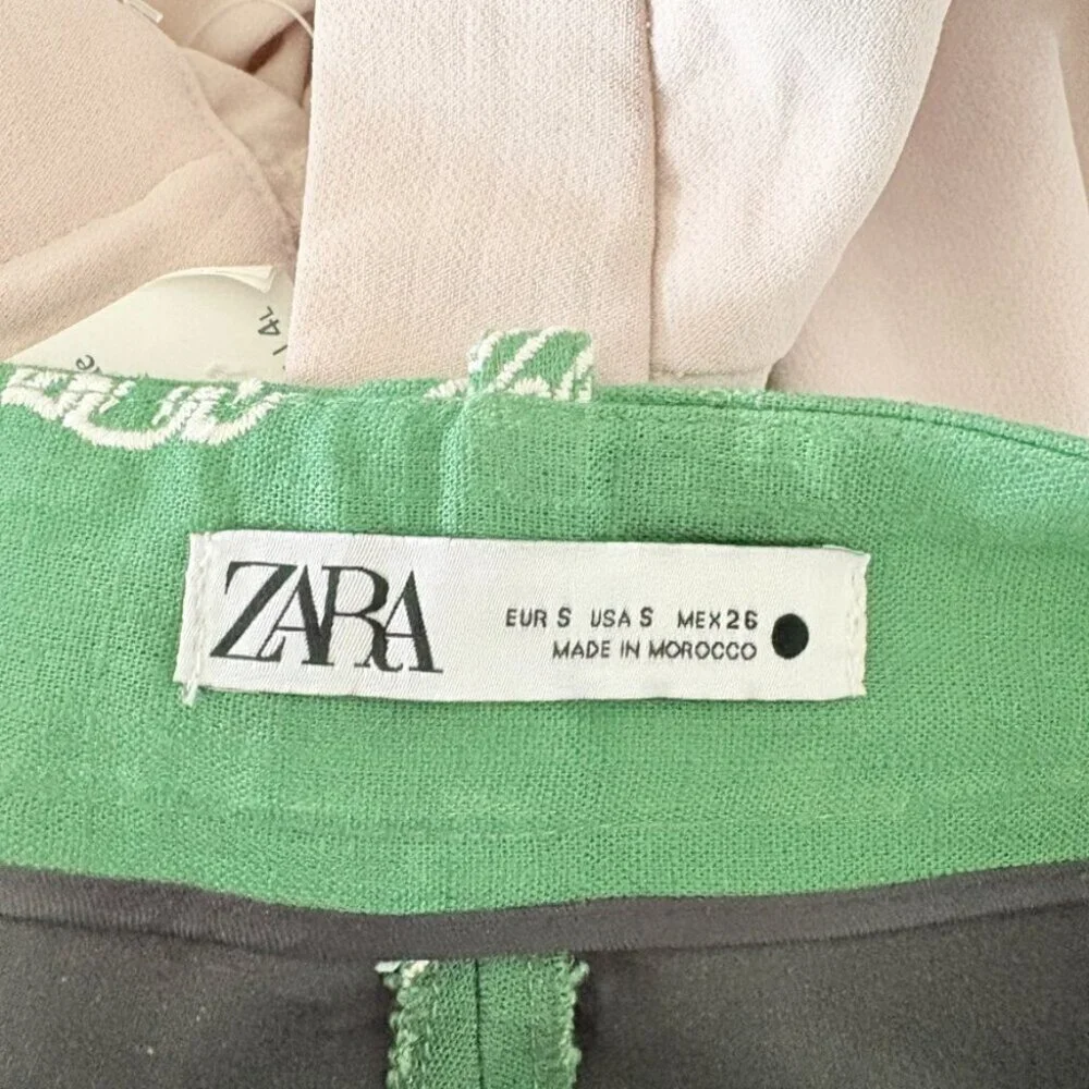 Zara Linen Khaki Wide Leg Palm Leaf Embroidered Culottes Pants Green Size Small